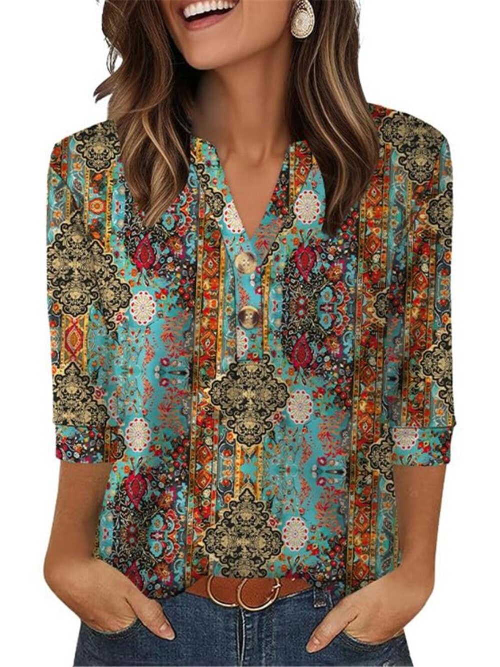 Womens V Neck Blouse 34 Sleeve Button Front Loose Fit Business Casual Top